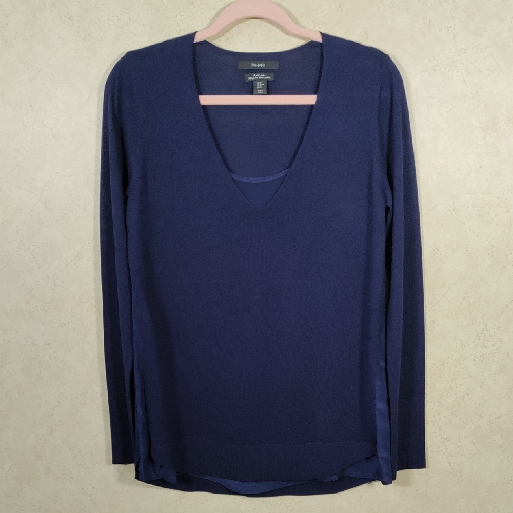 5W02 Tahari navy blue Pure Luxe merino wool & silk sweater M